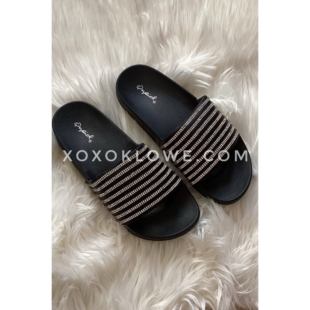 Qupid Black Rhinestone Slide Sandals | Sparkly Slip On Flat - Picture 6 of 9